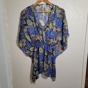 y2k Sequin Floral Kimono Poncho Semi-Sheer Tunic sz OS Blue Purple Glam Beach